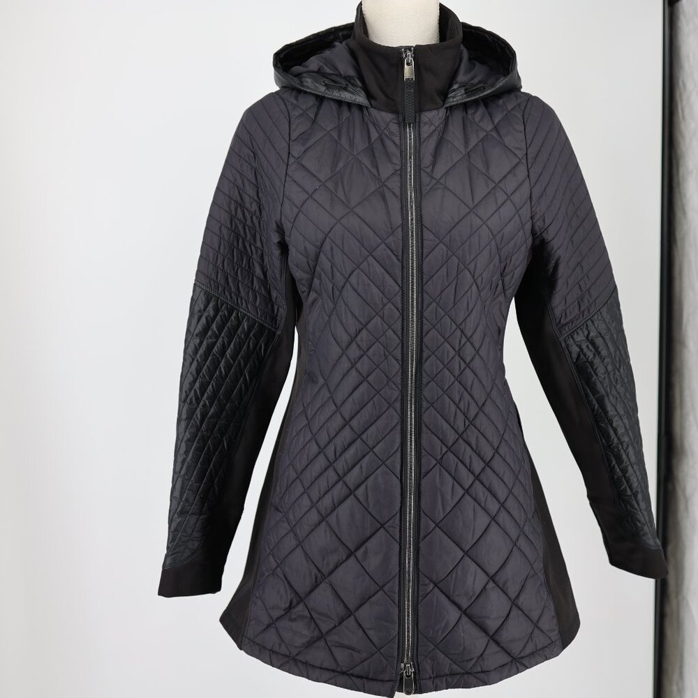 Athleta Bayview Quilted Hooded Coat S Petite Black Longline Zip Hybrid Puffer